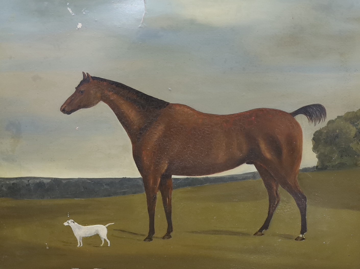 19th century English School, oil on card, Primitive study of a horse and terrier in a landscape, 46 x 60cm